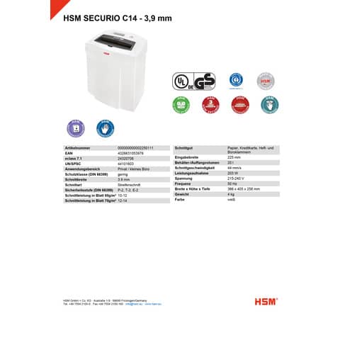 Distruggidocumenti uso moderato HSM SECURIO C14 - P-2 - 20 L - taglio a a strisce 3,9 mm - bianco - 2250111